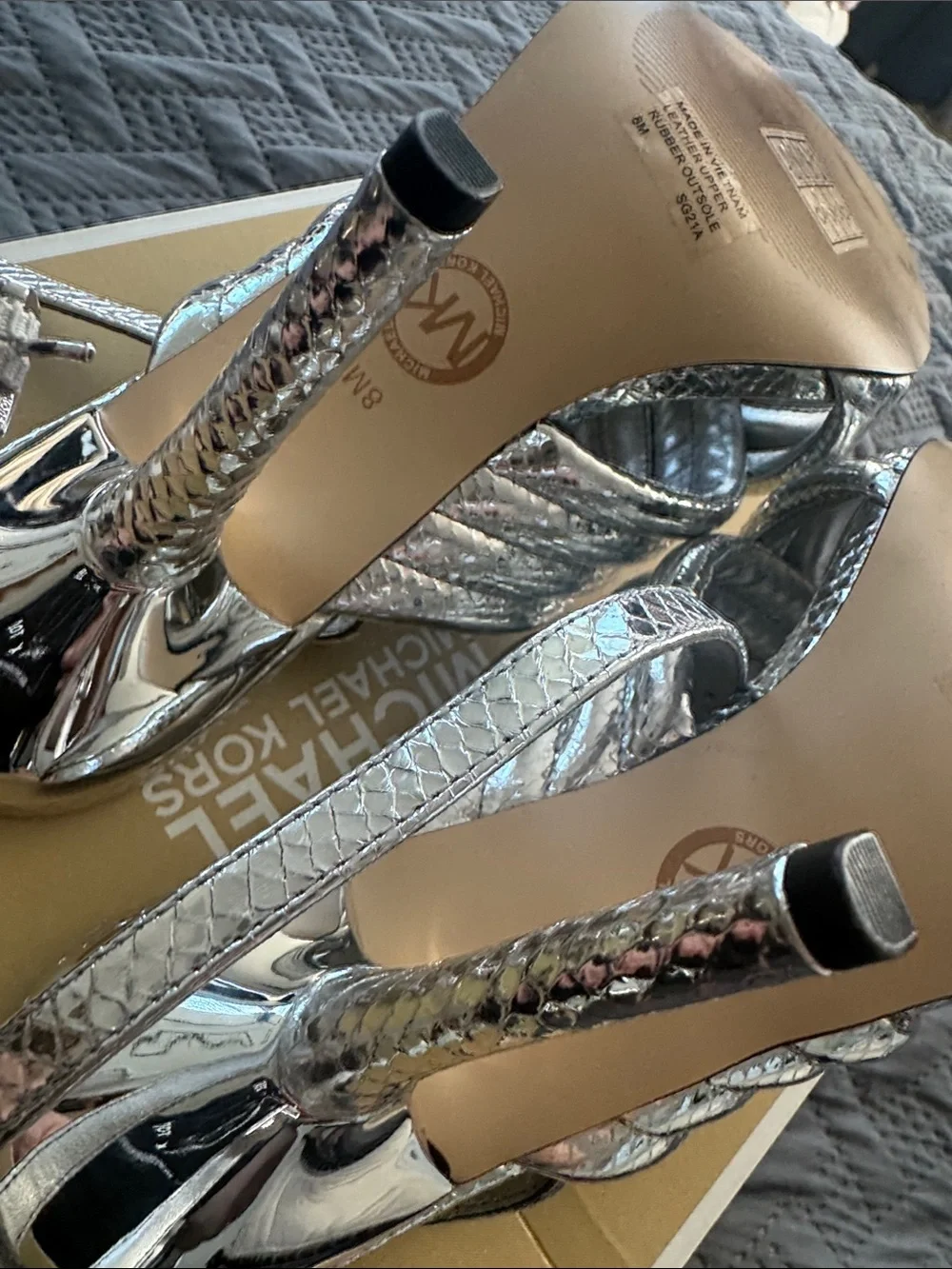 Michael Kors Silver Metallic Crisscross Slingback Heels